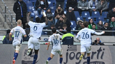 Großer Jubel bei Darmstadt 98 nach dem Siegtreffer von Hiroki Akiyama (M) in Hannover.  (Foto: Swen Pförtner/dpa)