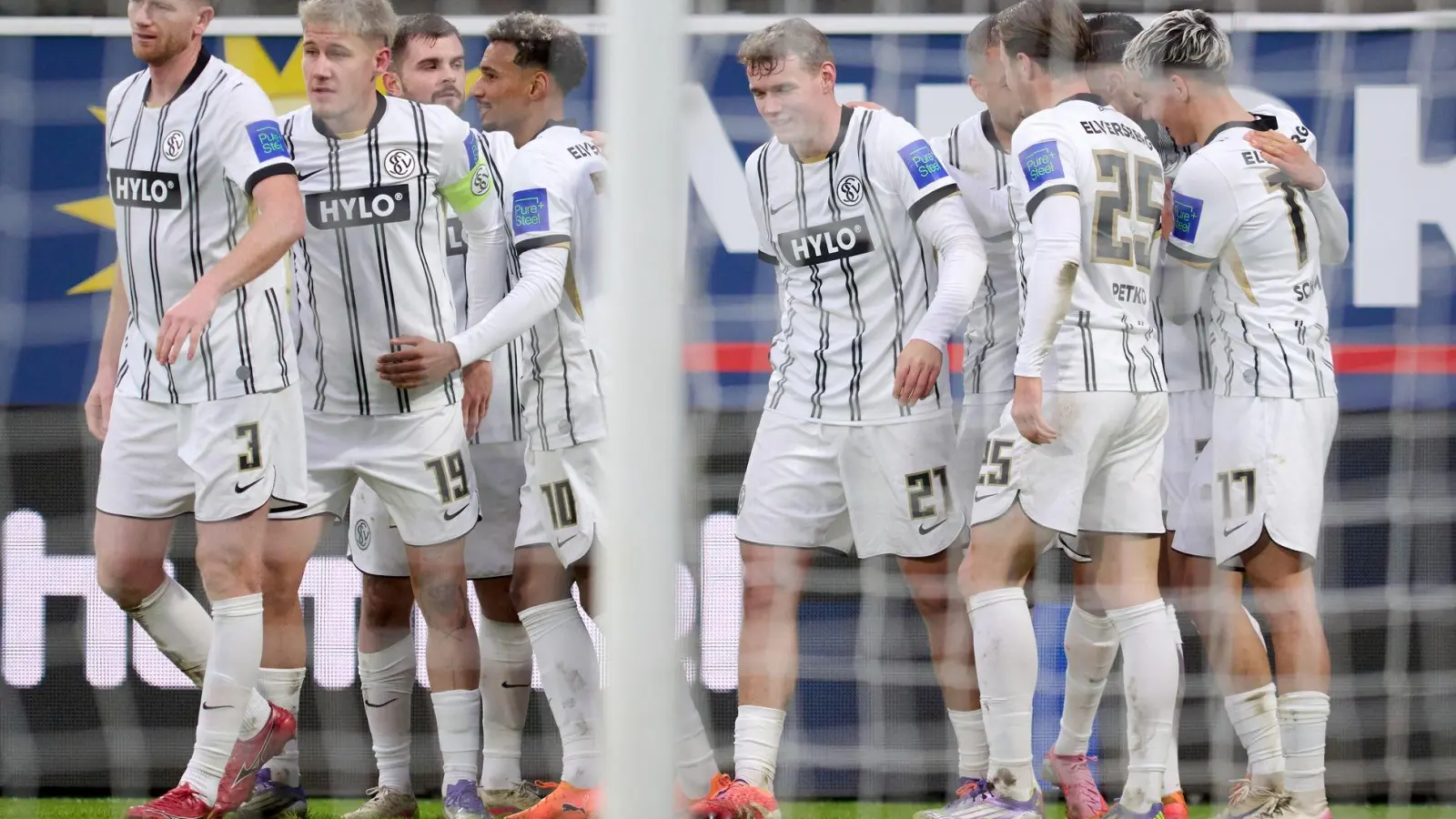 Durften in Paderborn jubeln: Die Profis der SV Elversberg. (Foto: Bernd Thissen/dpa)