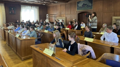 Das Schülerparlament aus dem Gymnasium Carolinum Ansbach tagte im Sitzungssaal des Stadthauses. (Foto: Oliver Herbst)