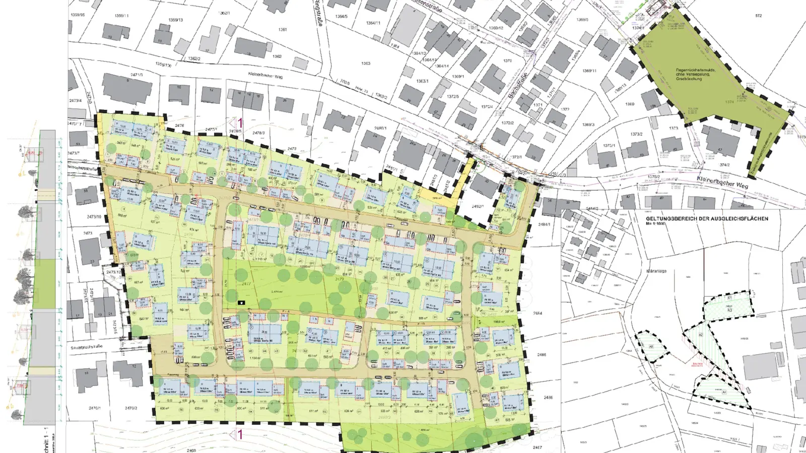 Insgesamt 46 Parzellen sind im Baugebiet „Auf der Höhe III” vorgesehen, darunter auch einige Mehrfamilienhäuser. In einigen Wochen sollen die Pläne erneut öffentlich ausgelegt werden – bei der ersten Auslegung vor knapp drei Jahren waren 37 Einwendungen von Privatpersonen eingegangen.  (Foto: Franke und Messmer)