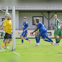 Alle Augen verfolgen, wie der Ball ins Tor fliegt. Neuzugang Calvin Ehinack (Mitte, in Blau) trifft hier zum 2:0 für Steinachgrund gegen den TSV Johannis Nürnberg. (Foto: Martin Rügner)