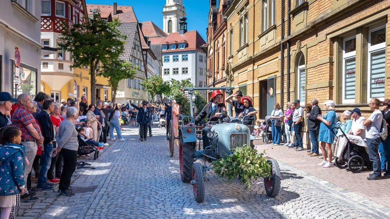 Uffenheims malerische Altstadt mit dem Rathaus im Hintergrund bildete bei strahlendem Frühlingsanfang wieder einmal die Kulisse für einen dicht gesäumten Walpurgi-Umzug.  (Foto: Mirko Fryska)