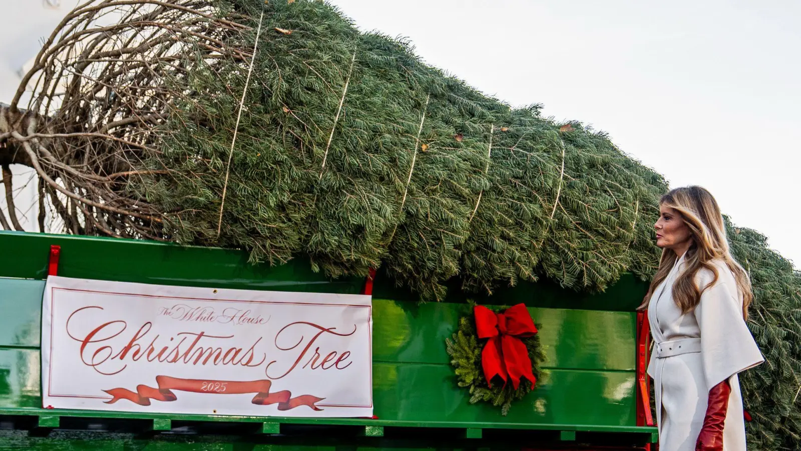 Melanie Trump nimmt den Weihnachtsbaum in Empfang. (Foto: Julia Demaree Nikhinson/AP/dpa)