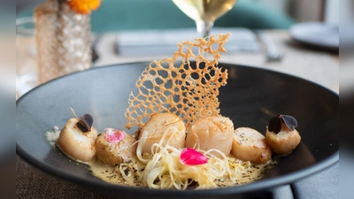 Sechs Nüsse in einer Reihe auf Lauch- und Quinoabett: So richtet Küchenchef Aurelien Leclerc seine Jakobsmuscheln an. Dazu empfiehlt er einen trockenen Weißwein. (Foto: Andreas Drouve/dpa-tmn)