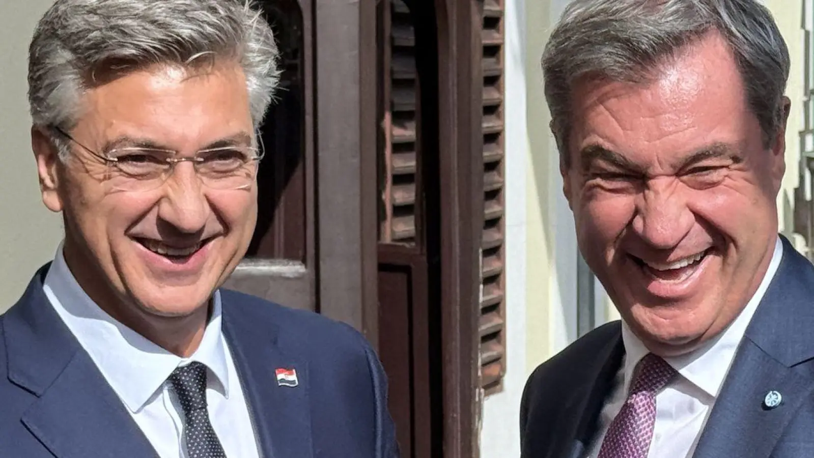 Bayerns Regierungschef Söder (rechts) sucht Olympia-Unterstützer auch in Kroatien. (Foto: Christoph Trost/dpa)