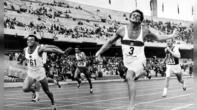 Kurt Bendlin läuft beim olympischen Zehnkampf 1968 über die Ziellinie. (Foto: picture-alliance/ dpa)