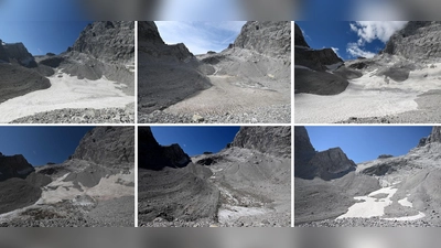 Die Bildreihe zeigt den massiven Verlust des Watzmanngletschers seit 2021 .  (Foto: Angelika Warmuth/dpa)