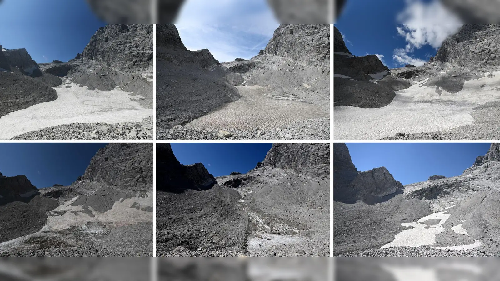 Die Bildreihe zeigt den massiven Verlust des Watzmanngletschers seit 2021 .  (Foto: Angelika Warmuth/dpa)
