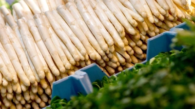 Frischer Spargel liegen in einem Obst- und Gemüsestand auf dem Wochenmarkt zum Verkauf. (Foto: Hauke-Christian Dittrich/dpa)