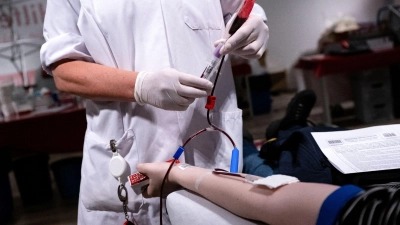 Eine Mitarbeiterin vom Blutspendedienst des Bayerischen Roten Kreuzes entnimmt von einer Frau eine Blutprobe für die Laboruntersuchung. (Foto: Sven Hoppe/dpa)