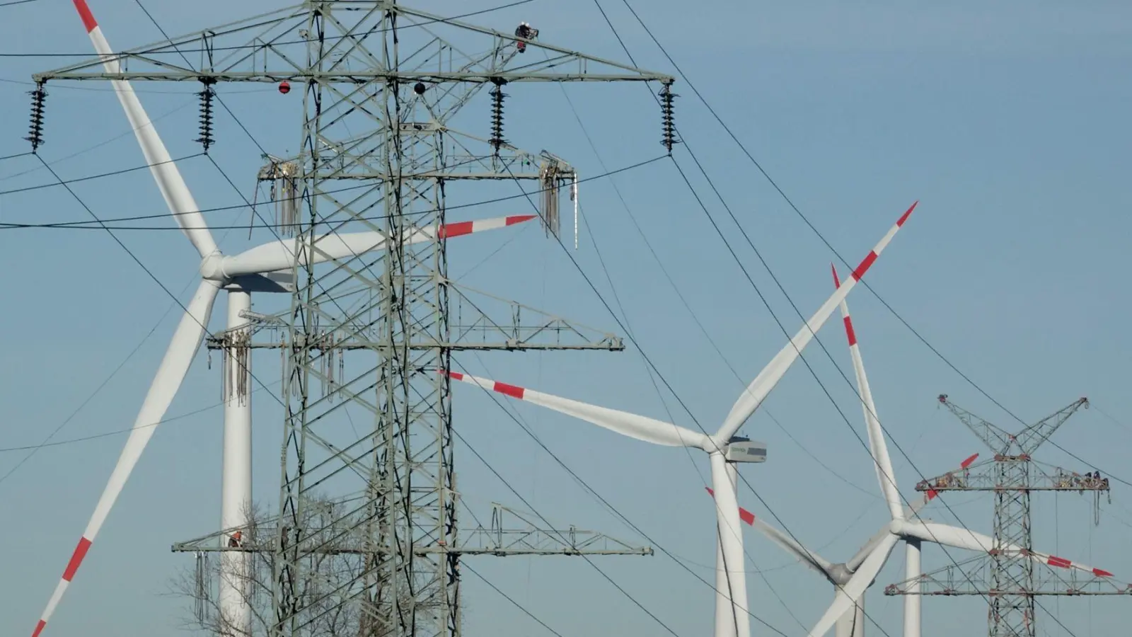 Strom aus Windkraft wird über weite Strecken geleitet. (Symbolbild) (Foto: Carsten Rehder/dpa)