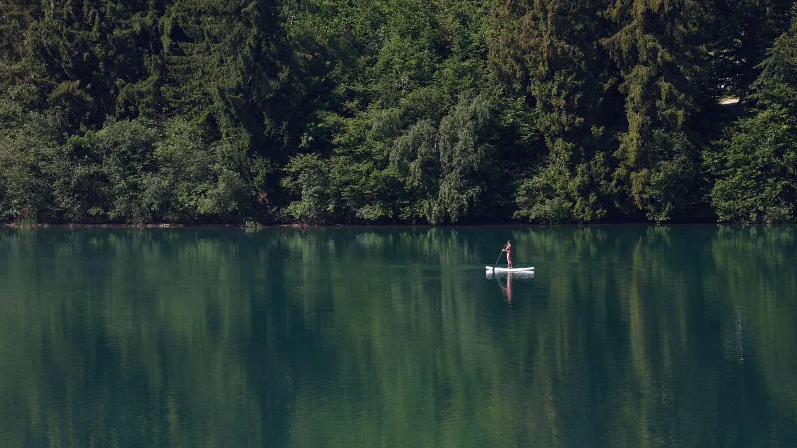 Eine Frau paddelt auf einem Stand-up-Paddle-Board über den Forggensee.  (Foto: Karl-Josef Hildenbrand/dpa)