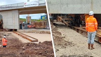 Beim Einschub einer neuen Bahnbrücke in Heilsbronn ist ein Teil der Verschubbahn abgesackt, auf dem das Bauwerk bewegt werden sollte. (Fotos: privat)