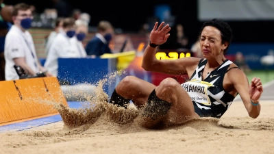 Weitsprung-Olympiasiegerin Malaika Mihambo kommt mit einer Weite von 6,66 Metern auf den dritten Rang. (Foto: Hannibal Hanschke/dpa)