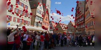 399 rote Luftballons haben Unterstützer des Dinkelsbühler Krankenhauses vor zwei Wochen in den Himmel steigen lassen. Die Menschen sorgen sich um die Zukunft ihrer Klinik. (Archivbild: Roman Kocholl)