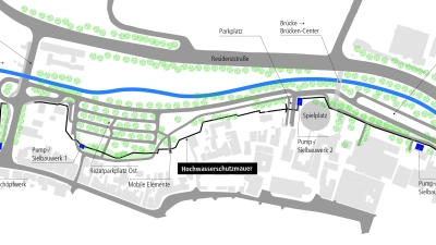 Zur Stadt hin wird eine Mauer das Hochwasser künftig fernhalten. Im Bedarfsfall müssen die Zugänge in wenigen Stunden mit mobilen Elementen verschlossen werden. (Grafik: Susanne Pfahler)