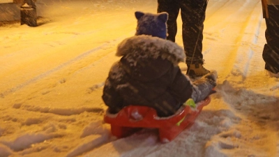Eltern bringen am frühen Morgen in Wernigerode ihre Kinder mit Schlitten in die Schule. Wintersturm „Elli“ bringt Eiseskälte, Glätte und viel Schnee, so dass Busse und Bahnen teils nur eingeschränkt unterwegs sind. (Foto: Matthias Bein/dpa)