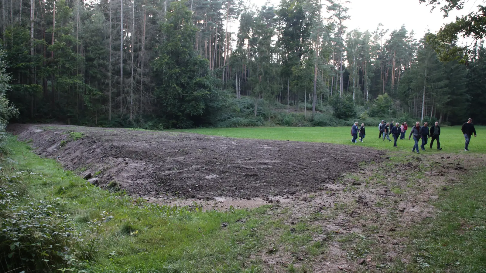 Ein Damm wurde am Ende der sogenannten Krampfer-Wiese aufgeschüttet. So kann Wasser, das aus dem Wald kommt, zurückgehalten werden. Das Volumen wird auf rund 6000 Kubikmeter geschätzt. (Foto: Alexander Biernoth)