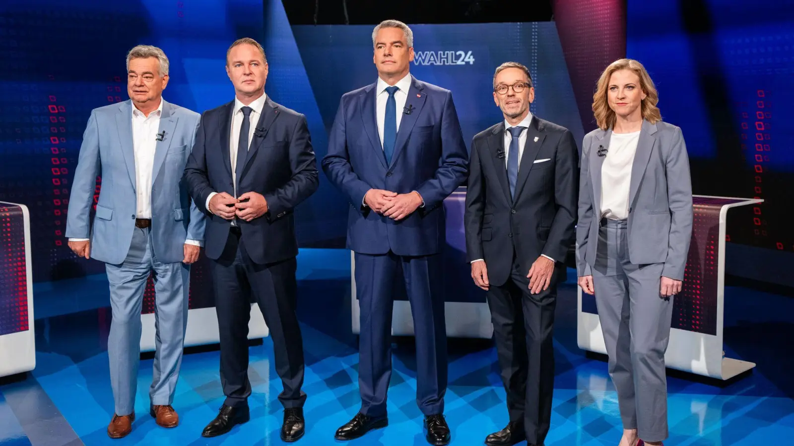 Vizekanzler Werner Kogler (l-r), SPÖ-Chef Andreas Babler, Bundeskanzler Karl Nehammer, FPÖ-Chef Herbert Kickl und Neos-Chefin Beate Meinl-Reisinger. (Foto: Georg Hochmuth/APA/dpa)