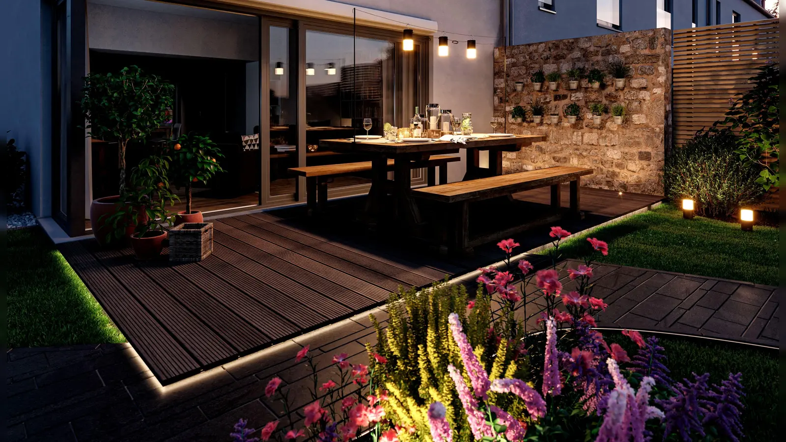 Hier fühlen sich Menschen und Tiere gleichermaßen wohl: Eine insektenfreundliche Beleuchtung nimmt Rücksicht im Garten. (Foto: djd/Paulmann)