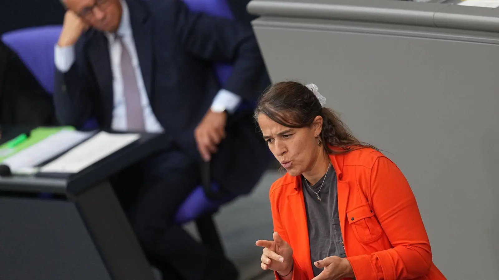 Die SPD-Abgeordnete Heike Heubach hielt ihre vierte Bundestagsrede in Gebärdensprache. (Foto: Michael Kappeler/dpa)