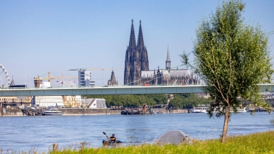 Ein Kajakfahrer rudert auf dem Rhein, im Hintergrund ist der Kölner Dom und die Severinbrücke zu sehen. (Foto: Thomas Banneyer/dpa)