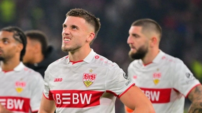Ermedin Demirovic (M.) und seine VfB-Kollegen kurz nach dem Abpfiff. (Foto: Jan-Philipp Strobel/dpa)