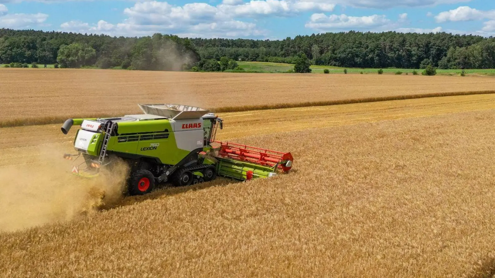 Ein Landwirt erntet mit seinem Mähdrescher Gerste auf einem Feld in Ostbrandenburg. (Foto: Patrick Pleul/dpa)