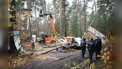 Die Baumhäuser im aufgelösten Tesla-Protestcamp sollen verschwinden. Die Polizei lässt die Reste des Lagers entsorgen.  (Foto: Sebastian Christoph Gollnow/dpa)