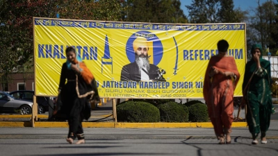 Ein Transparent zeigt das Foto des Sikh-Aktivisten Hardeep Singh Nijjar (Foto Archiv) (Foto: DARRYL DYCK/The Canadian Press/AP/dpa)