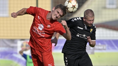 Augen zu und durch: Tobias Gröger (rechts, SVG Steinachgrund) und Julian Friedhelm (SV Buckenhofen) beim Kopfballduell. (Foto: Martin Rügner)