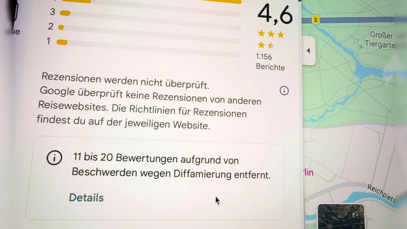 Spannende Spanne: So sieht der Hinweis von Google aus, wenn Rezensionen wegen Verleumdungsbeschwerden gelöscht worden sind. (Foto: Nico Tapia/dpa-tmn)