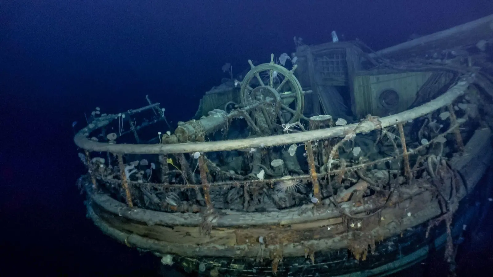 Reling, Steuerrad und der Achterdeck des Schiffwracks „Endurance“. (Foto: Falklands Maritime Heritage Trust/National Geographic/dpa)