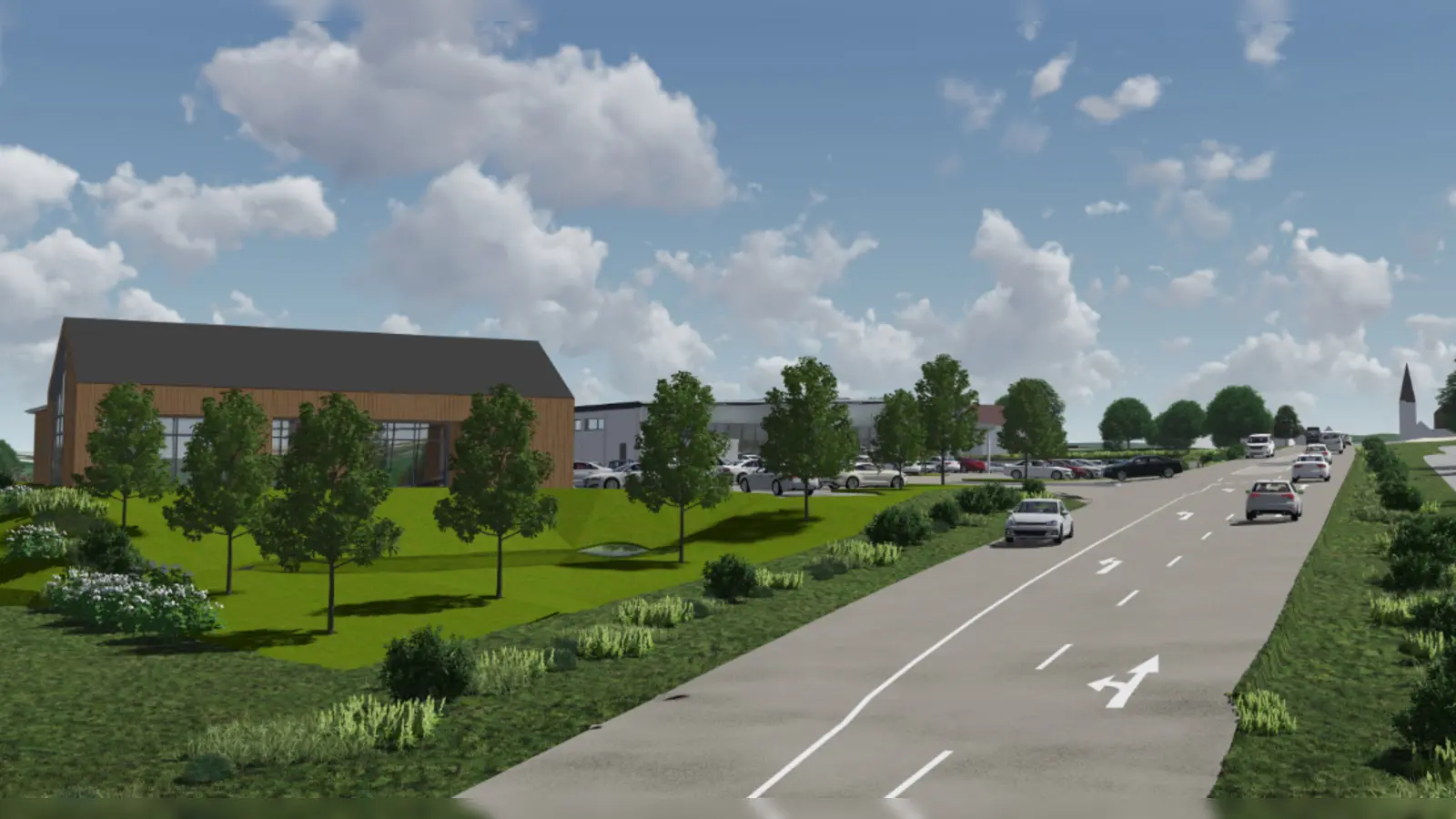 Visualisierung mit Blick Richtung Uffenheim: So könnte sich der neue Lidl-Markt und das Bäckerei-Café (Gebäude links) in die Umgebung einfügen. (Foto: PS Planung & Service GmbH – Ingenieure und Architekten, Ansbach)