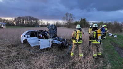 Massiv beschädigt liegt das Auto nach dem Brand neben der B470. (Foto: NEWS5 / Wohlgemuth)