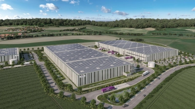 Noch stehen im neuen Gewerbegebiet Dombühl-Süd keine Hallen. Wie die beiden Komplexe aussehen werden, für die es jetzt einen Mieter gibt, zeigt die Visualisierung. (Foto: Bauwo Grundstücksgesellschaft mbH)