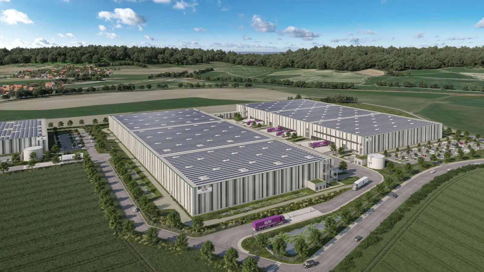 Noch stehen im neuen Gewerbegebiet Dombühl-Süd keine Hallen. Wie die beiden Komplexe aussehen werden, für die es jetzt einen Mieter gibt, zeigt die Visualisierung. (Foto: Bauwo Grundstücksgesellschaft mbH)