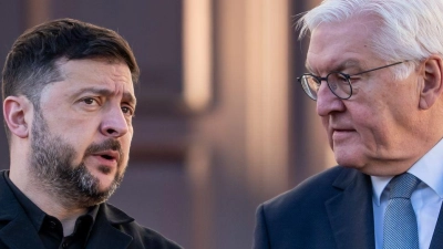 Treffen im Schloss Bellevue: Bundespräsident Steinmeier und der ukrainische Präsident Selenskyj. (Foto: Michael Kappeler/dpa)