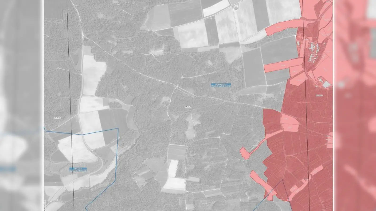 Rote Gebiete bei Lerchenhöchstadt (Markt Taschendorf). Äcker, die zu 20 Prozent im roten Gebiet liegen, sind ganz betroffen. (Quelle: StMELF)