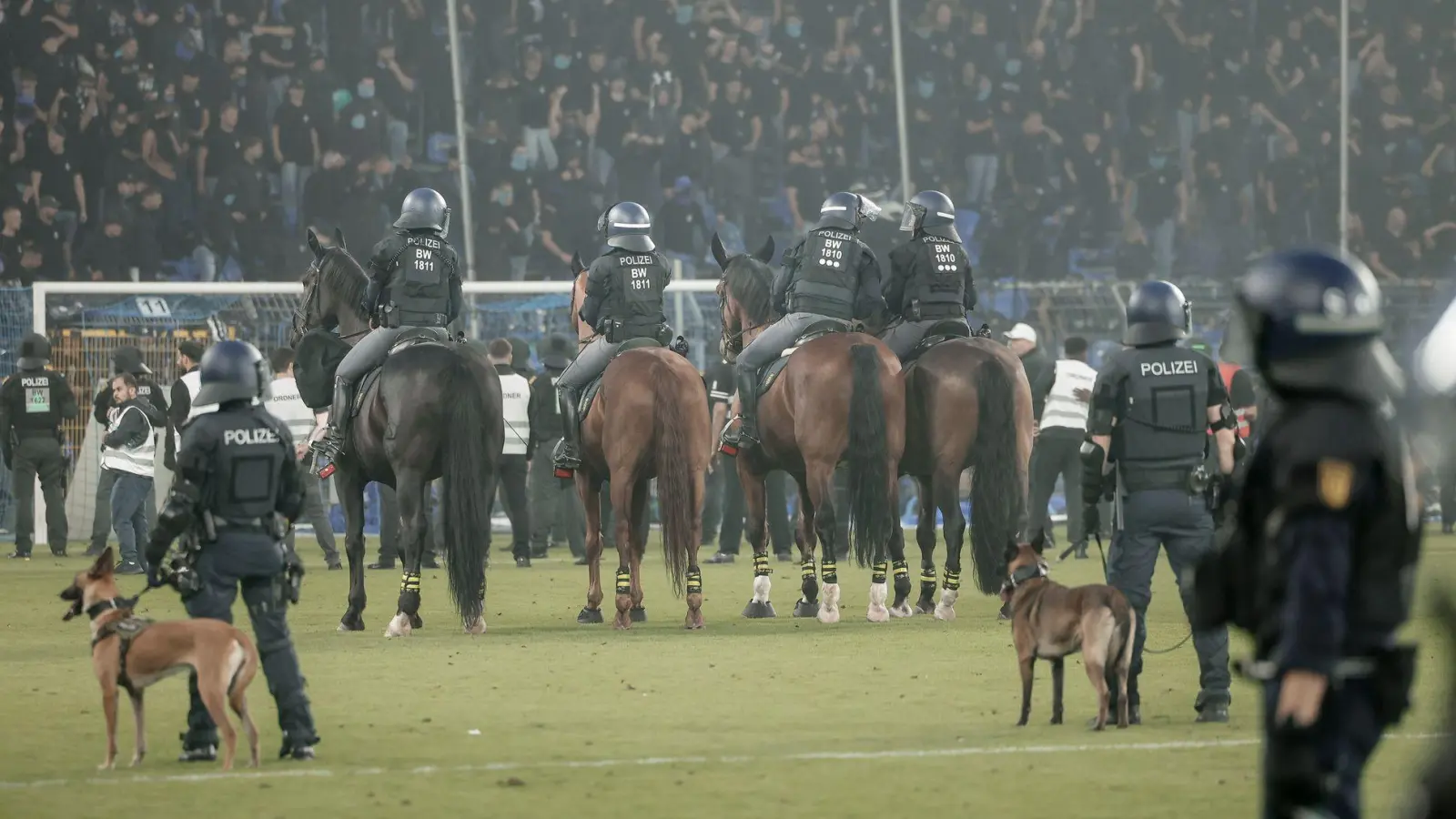 Beim DFB-Pokalspiel in Mannheim war auch berittene Polizei auf dem Spielfeld. (Foto: Foto Huebner/dpa)