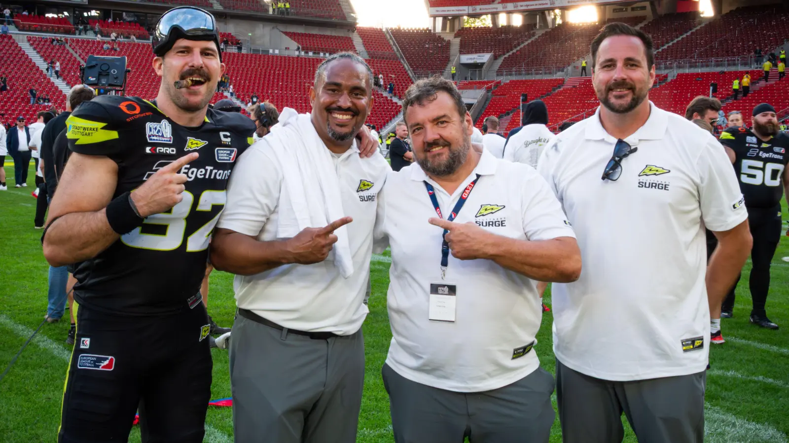 Die vier ehemaligen Franken Knights (von links) Luis Bach, Joseph Joyner, Thomas Zeug und Jochen Holzinger gewannen mit Stuttgart Surge den ELF-Titel. (Foto: Daniel Weber)