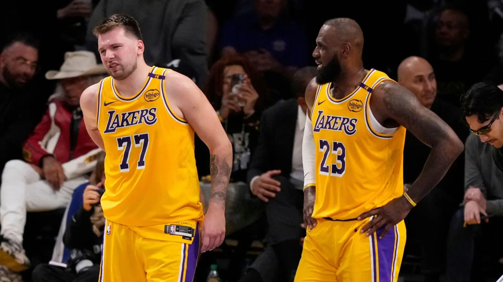 Doncic (l.) und James bekamen gegen die Timberwolves zu wenig Hilfe ihrer Mitspieler. (Foto: Mark J. Terrill/AP/dpa)