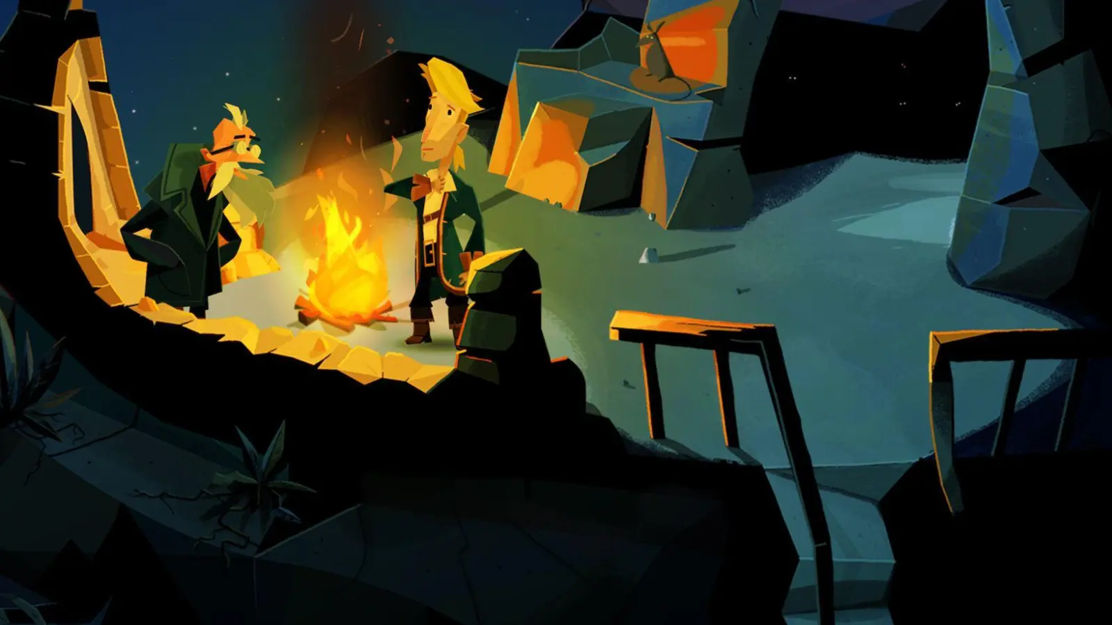 Am Lagerfeuer wird Seemannsgarn gesponnen in „Return to Monkey Island“. (Foto: Devolver Digital/dpa-tmn)