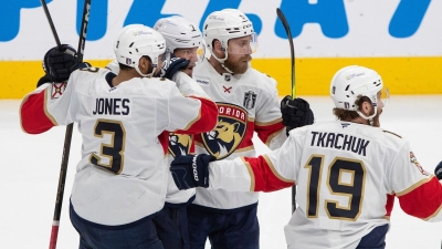 Die Florida Panthers feiern ein Tor gegen die Edmonton Oilers. (Foto: Jason Franson/The Canadian Press via AP/dpa)