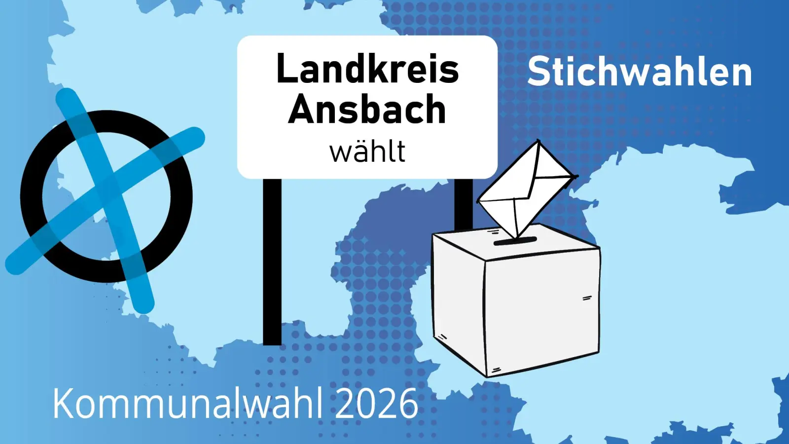 Im Landkreis Ansbach stehen am 22. März 2026 fünf Stichwahlen ums Bürgermeister- bzw. Oberbürgermeisteramt an. (Grafik: Susanne Pöhlmann)