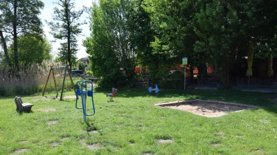 Zwei Schaukeltiere, eine Wippe, zwei Schaukeln und ein schlichter Sandkasten: Der Spielplatz in Wasserzell lädt in seiner aktuellen Form nicht unbedingt zum Verweilen ein. (Foto: Florian Schwab)